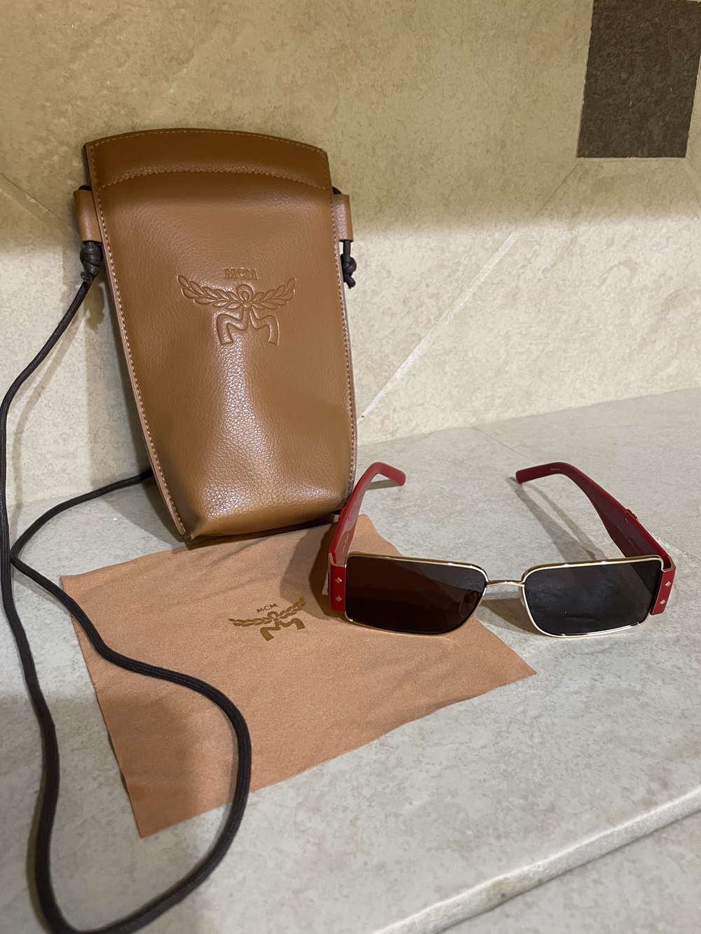 MCM Brown Leather Crossbody Pouch with Red-Accent Sunglasses Unisex